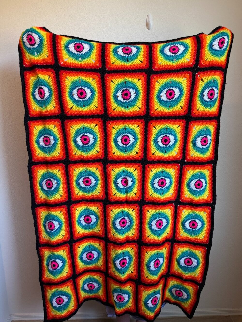 Handmade Neon Rainbow Evil Eye Granny Square Blanket 38x55